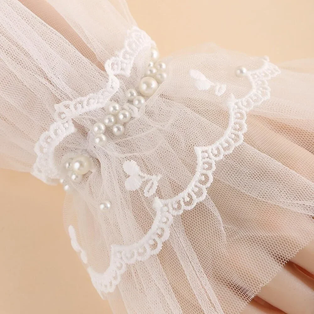 Women's Fingerless Off-White Pearl Tulle Short Lace Gloves Wedding Party Prom